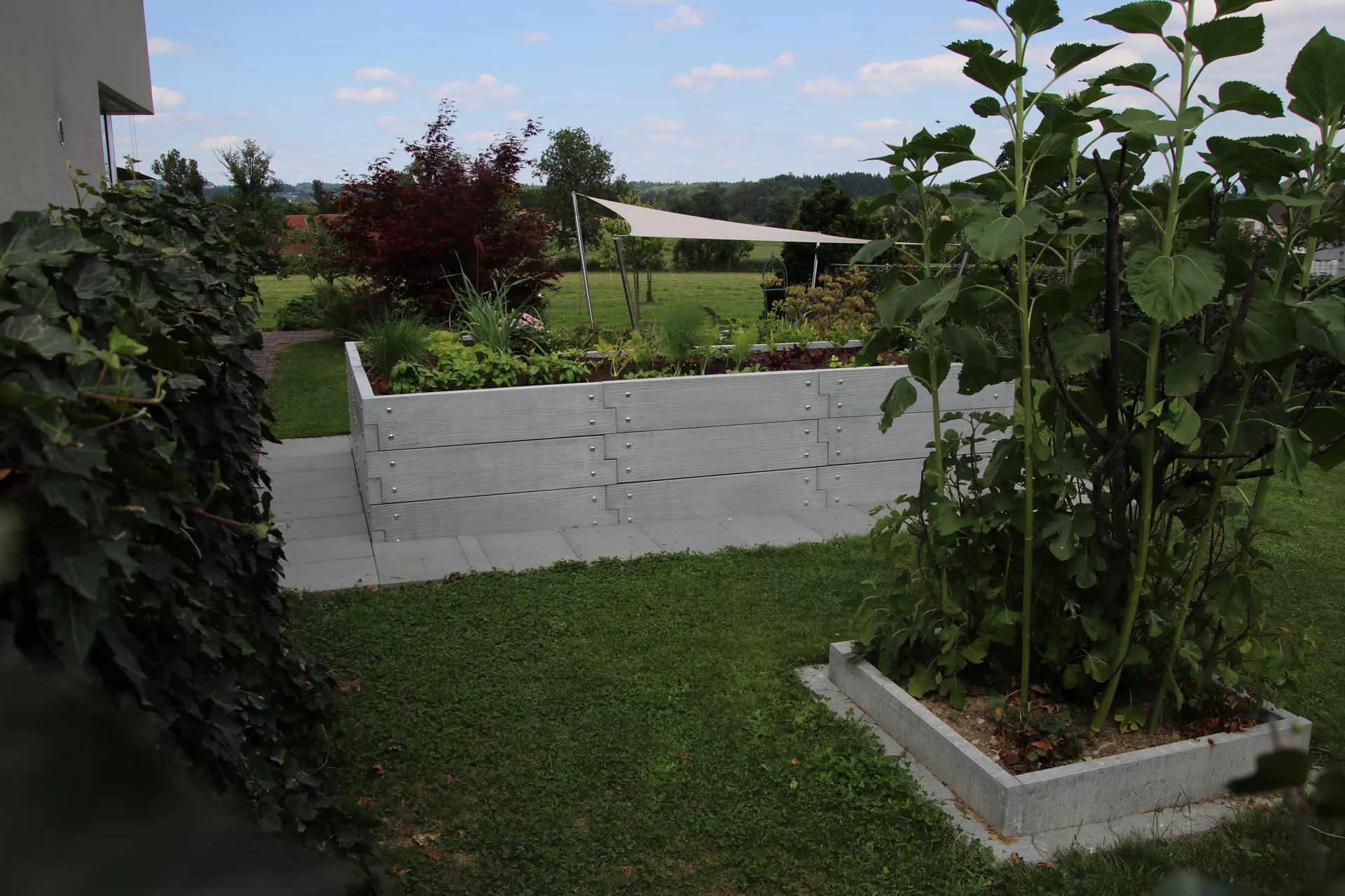 Hochbeet mit Holzstruktur Typ 3 naturgrau strukturiert leicht gefast bewehrt L 234 cm B 234 cm H 75 cm W 6 cm