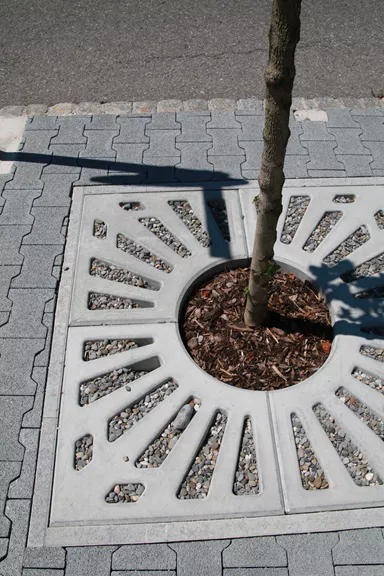 COMO Baumscheibe grau glatt gefast bewehrt geschlitzt mit Aussparung R 28 cm L 62.5 cm B 62.5 cm H 8 cm BK A 15