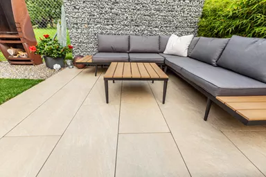 Feinsteinzeug Gehwegplatte Pietra di Barge beige strukturiert vollkantig L 90 cm B 45 cm H 2 cm