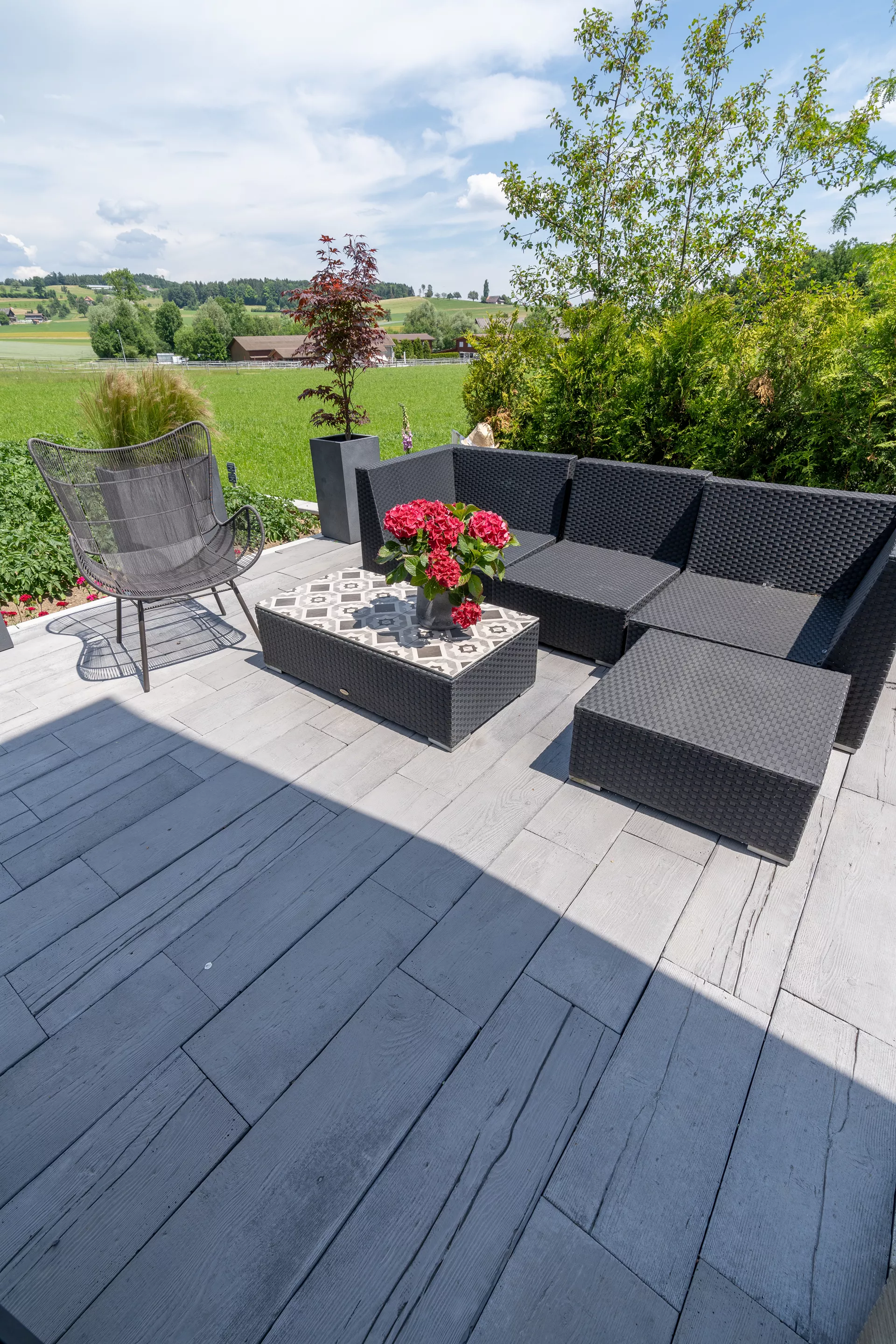 LENIA Gartenplatte mit Holzstruktur Normalplatte naturgrau strukturiert gerundet L 88-89 cm B 24.5-25.5 cm H 5 cm