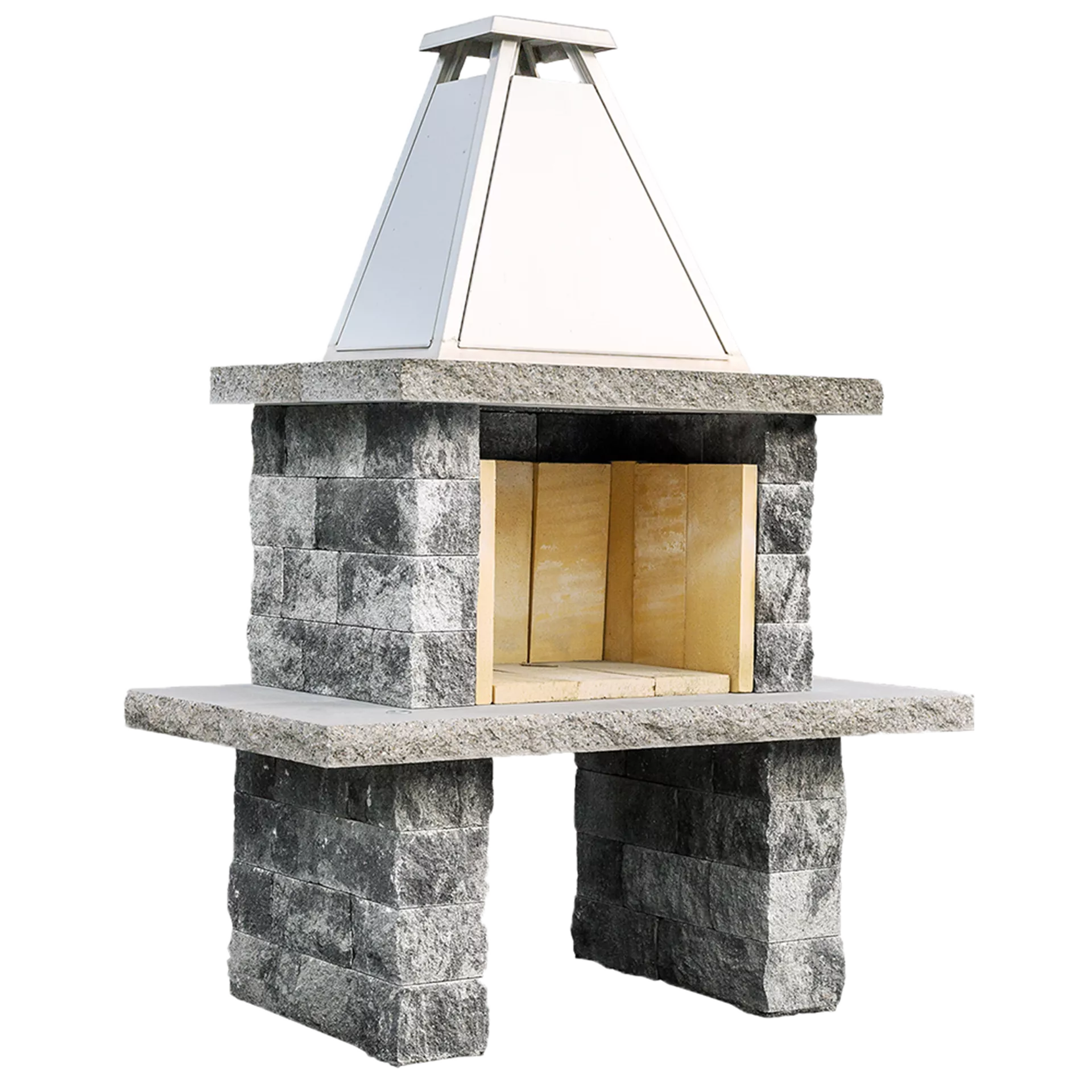 SANTURO Cheminée mit Chromstahlhut Set aus Spaltsteinmauerstein gespalten schwarz-weiss inkl. Betonplatten u. Schamott-Steinen