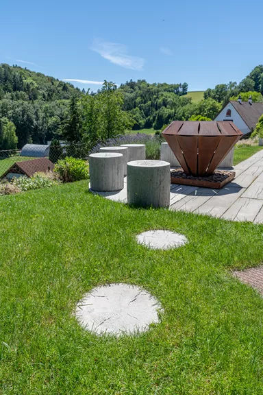 LENIA Schrittplatte rund mit Holzstruktur naturgrau strukturiert gerundet D 35-37.5 cm H 4 cm