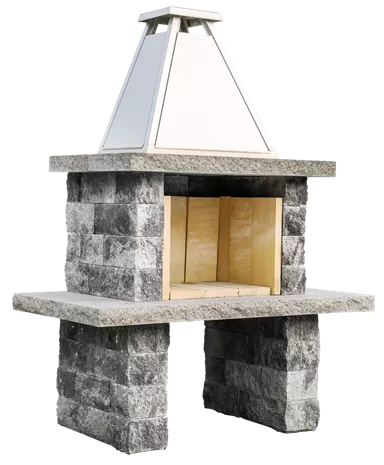 SANTURO Cheminée mit Chromstahlhut Set aus Spaltsteinmauerstein gespalten schwarz-weiss inkl. Betonplatten u. Schamott-Steinen