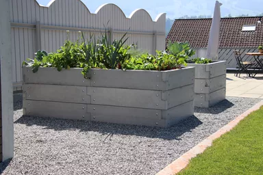 Einzelbrett zu Hochbeet mit Holzstruktur naturgrau strukturiert leicht gefast bewehrt L 120 cm H 25 cm W 6 cm