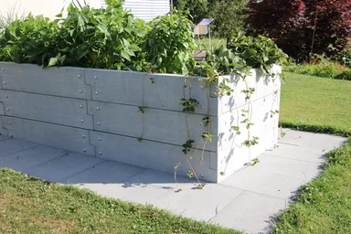 Einzelbrett zu Hochbeet mit Holzstruktur naturgrau strukturiert leicht gefast bewehrt L 120 cm H 25 cm W 6 cm